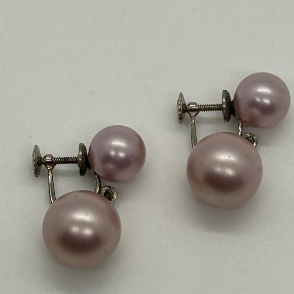 Vtg Pink Faux Pearl Drop Dangle Earrings 925 Screw-Back MCM 1940-50s 5.2 Grams - Picture 6 of 16